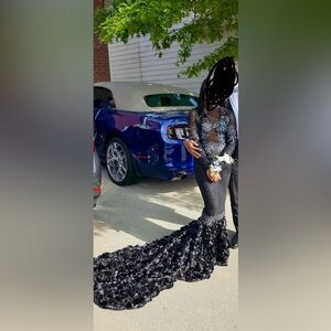 Black Beaded Mermaid Prom Dress with Floral Train